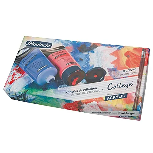 Schmincke College® Acrylic Set - 8 x 75 ml mit 2 Da Vinci Pinseln - Acrylfarben-Set mit 8 hochwertigen Tuben und 2 professionellen Pinseln, ideal für kreative Projekte und Made in Germany.