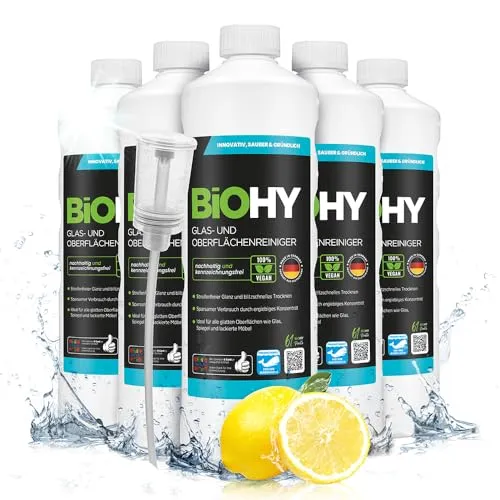 BiOHY Glas- und Oberflächenreiniger (6 x 1 Liter) + Dosierer | Glasreiniger Konzentrat für streifenfreien Glanz | ergiebiger Glas & Kunststoffreiniger | Fettlöser & Kalkreiniger