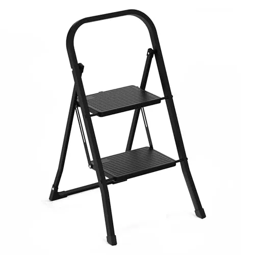 BRASQ Stehleiter 2 Stufen SL200 Folding Stahl Step Ladder mit Anti-Rutsch-Pedalen, Innen- und Außenbereich, 150 kg Load-Bearing Capacity Schwarz