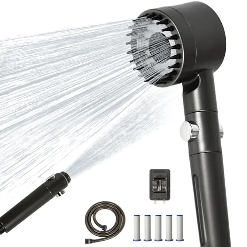 Duschkopf mit Filter & 5 Kartuschen | Hochdruck Brausekopf mit 1,5m Schlauch & Halterung | Duschbrause mit Filter gegen Kalk und Chlor | Energiespar Duschkopf mit Stopp-Funktion(Grau)