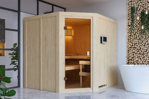 Karibu Sauna Kotka mit Eckeinstieg und Glastür - Erleben Sie die Karibu Sauna Kotka mit modernem Eckeinstieg und bronzierter Glastür. Optimale Wärmeisolierung und hochwertige Materialien sorgen für entspannende Saunamomente in Ihrem Zuhause.