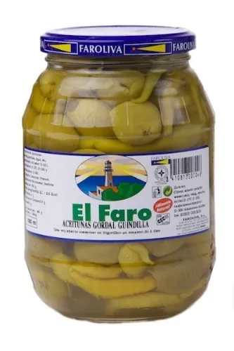 El Faro - Grüne, Dicke Oliven mit Peperoni (ganze Peperoni) 180g.