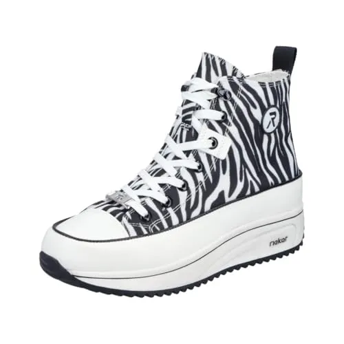 Rieker Plateausneaker High Top in Schwarz-Weiß, Größe 39 EU - Bequeme High Top-Sneaker mit sportlichem Design und animal-print. Ideal für den Alltag, mit herausnehmbarer Innensohle und veganer Verarbeitung.