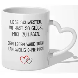 22Feels Tasse Schwester Geschenk Geburtstag Weihnachten Geschwister Mädchen Frauen, Keramik, Made In Germany, Spülmaschinenfest, Herzhenkel weiß