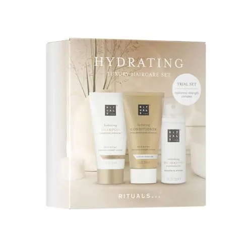 Rituals Feuchtigkeitsspendendes Haarpflege-Set, 3-teilig mit Shampoo, Conditioner & Trockenshampoo - 3-teiliges Haarpflege-Set mit feuchtigkeitsspendendem Shampoo (70 ml), Conditioner (70 ml) und Trockenshampoo (50 ml) für intensive Pflege und Frische. Ideal für trockenes Haar, um Glanz und Geschmeidigkeit zu fördern.