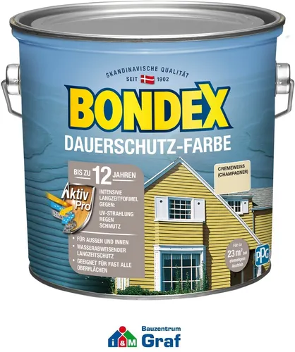 BONDEX Dauerschutz Farbe Außen Holzfarbe, Hochdeckend, Cremeweiß, 2,50 l - Farben: Hochdeckende Holzfarbe mit bis zu 12 Jahren Witterungsschutz, ideal für Zäune und Gartenmöbel. Geruchsarm und umweltschonend, schützt Holz dauerhaft vor äußeren Einflüssen.