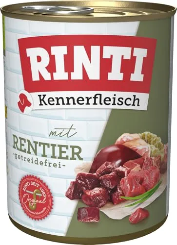 RINTI Kennerfleisch Rentier 12 x 800 g - Hundefutter mit 70% Fleisch und Innereien, ohne Getreide oder Konservierungsstoffe. Unterstützt gesundes Immunsystem und Verdauung durch Omega-3 und Ballaststoffe.