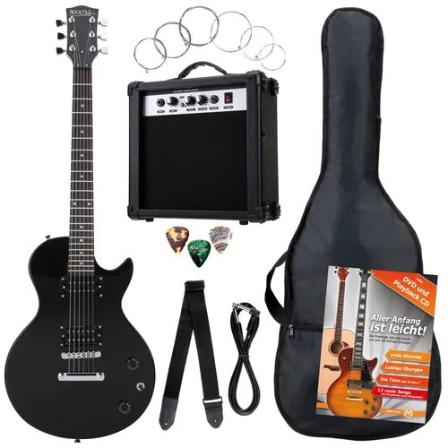 Rocktile E-Gitarre Banger's Set mit Verstärker - E-Gitarre Komplettset für Einsteiger, inkl. Verstärker, Tasche und Zubehör. Ideal für Rechtshänder mit stylischem Black Finish.
