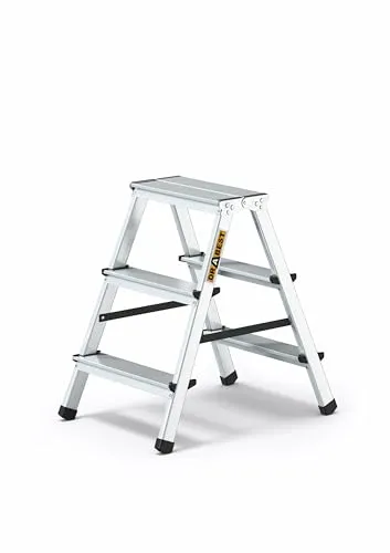 Drabest Aluminium Trittleiter 2x3 Stufen, 125kg - Beidseitig begehbar - Stehleiter mit breiten, rutschfesten Aluminiumstufen für maximale Sicherheit. Ideal für Fensterputzen und Renovierungsarbeiten. Kompakt und platzsparend zusammenklappbar, max. Belastbarkeit: 125 kg.