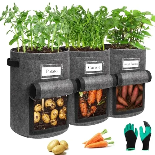 Airminti 3-Pack 10 Gallonen Kartoffel Pflanzsack, Pflanzbeutel mit Stabilen Griffen und Visualized Flap, Verdickte und Atmungsaktive Vliestöpfe mit Gartenhandschuhe für Tomaten, Kartoffeln