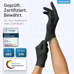 ARNOMED Nitril-Handschuhe Einweghandschuhe 100 Stück - Schwarz / M - Puderfreie Nitril-Handschuhe in Profi-Qualität für vielseitige Anwendungen. Sie bieten hohen Tragekomfort, sind reißfest und ideal für Allergiker. Perfekt für den Einsatz in Gastronomie, Medizin und Pflege.