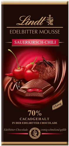 Lindt Schokolade Edelbitter Mousse Sauerkirsch-Chili | 150 g Tafel - Schokoladenriegel mit 70 % Kakaogehalt und einer einzigartigen Sauerkirsch-Chili Füllung, perfekt für besondere Genussmomente.
