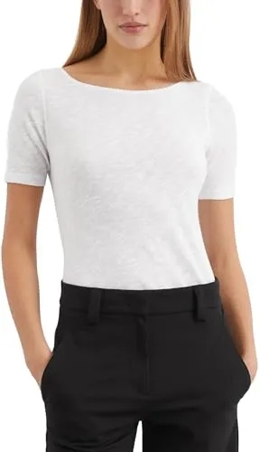 Marc O'Polo Damen T-Shirt aus Bio-Baumwolle, U-Boot-Ausschnitt, Weiß - T-Shirts für Damen aus hochwertiger Bio-Baumwolle, leicht meliert und halbtransparent für einen lässigen Look.