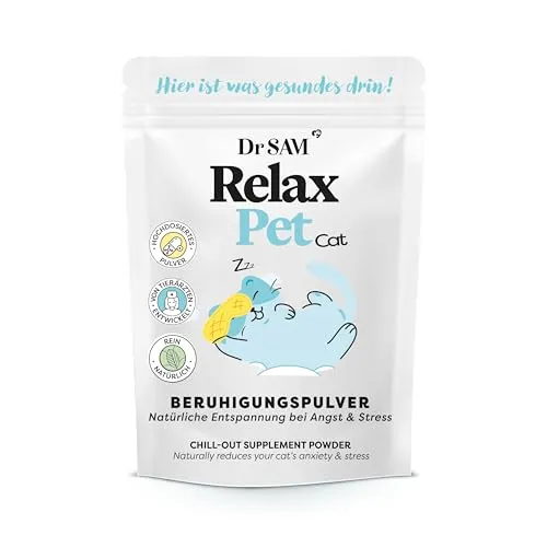 RelaxPet Cat 45 g - Beruhigungspulver für Katzen - Tiergesundheit - rezeptfreies Beruhigungspulver von Dr SAM, ideal zur Stressreduzierung und Förderung der Entspannung bei Katzen.