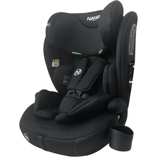 NANIA TORINO Autositz mit Gurt - Gruppe 1/2/3 - Schwarz - Sicherer und mitwachsender Autositz für Kinder von 76 bis 150 cm. Höhenverstellbare Kopfstütze und einfaches Gurtsystem für unkomplizierte Umrüstung. Ergonomische Sitzfläche und waschbarer Komforteinsatz.