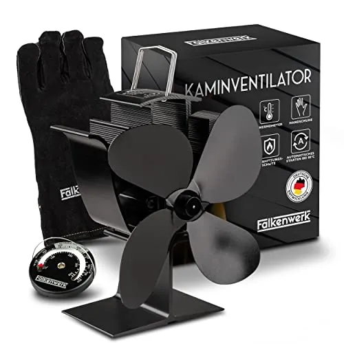 FALKENWERK Ofenventilator ohne Strom - Leiser 4-Blatt Kaminventilator, energieeffiziente Wärmeverteilung und integrierter Überhitzungsschutz