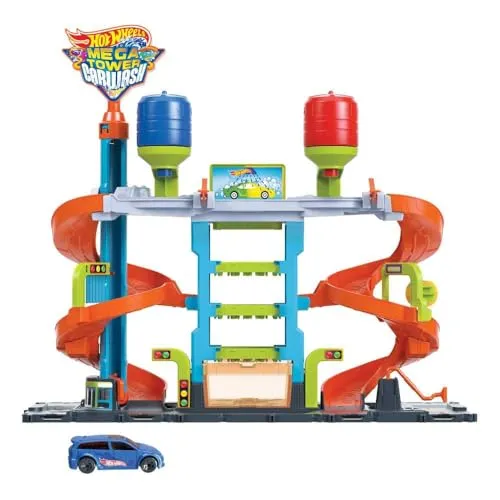 Hot Wheels City Autorennbahn mit Autowaschanlage - Farbwechseleffekt inkl. 1 Color Shifters Fahrzeug, interaktives Spielzeug für Kinder ab 4 Jahren