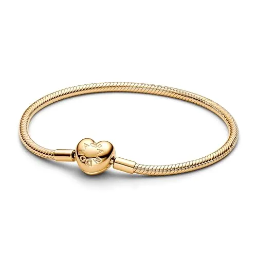PANDORA Moments Schlangen-Gliederarmband mit Herz-Verschluss - Armbänder für Damen, elegantes Sterling Silber mit vergoldeter Legierung und herzförmigem Verschluss, ideal für bis zu 18 Charms und persönliche Styles.