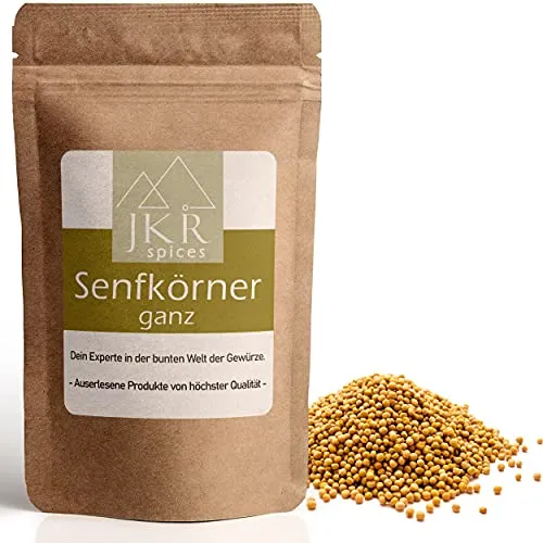 JKR Spices Senfkörner ganz - gelbe Senfsamen ganz - Senf Saat | aromatisches Gewürz Ideal zum Kochen | für herzhafte Gerichte, Soßen, Salate | 100% natürlich ohne Zusätze - 250g
