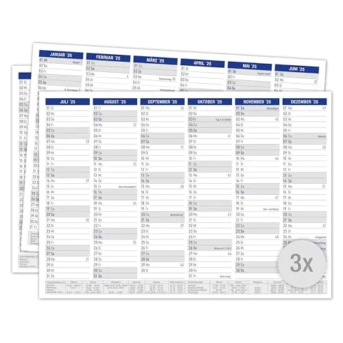 TOBJA Tafelkalender 2025 A4 Blau - 3er Pack Kalender 2025 mit Ferien & Feiertagen | Jahresplaner Wandkalender 2025 DIN A4 | 12-Monats Blattkalender im Set (3 Stück Papier)