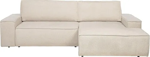 Ecksofa AMELIA mit Schlaffunktion - Beige - Ecke rechts - Schlafsofa in Beige mit Schlaffunktion und praktischem Stauraum, ideal für Wohnzimmer und Gästezimmer. Bequem für 4 Personen, stilvolles Design aus strukturiertem Stoff.