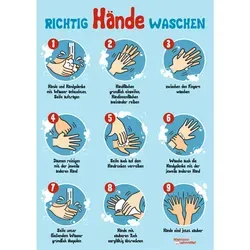 Plakat „Richtig Hände waschen“ - Schilder zur Förderung der Hygiene, mit 5 DIN A2 Postern, die in 9 Schritten das richtige Händewaschen anschaulich erklären – perfekt für öffentliche Orte und Schulen.