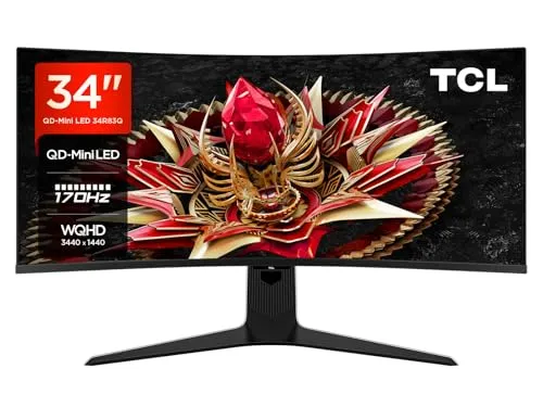 TCL 34R83Q MiniLED-Monitor, WQHD 170 Hz - Monitore mit 1100 Zonen Mini-LED-Technologie für herausragende Helligkeit und Farbgenauigkeit. Ideal für Gamer mit 1ms Reaktionszeit und AMD FreeSync Premium für ein flüssiges Spielerlebnis.