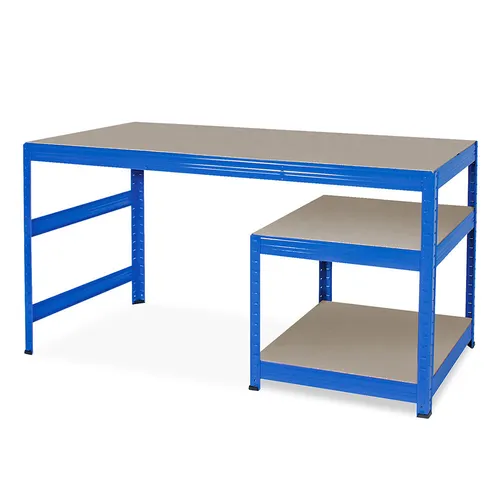 Robuste Packtisch/Werkbank in Blau, 1500x600x900 mm - Vielseitige Werkbank aus stabilem Stahlrahmen, ideal für Werkstätten und Versand. Hohe Tragkraft von 350 kg pro Ebene, pulverbeschichtet in RAL 5010.