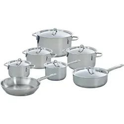 BK Profiline 7-teiliges Topf- und Pfannenset B5693.027 - Vielseitiges Kochgeschirrset mit drei Kochtöpfen, Suppentopf, Kasserolle, Schmorpfanne und Bratpfanne. Ideal für alle Hitzequellen und bis 230°C ofenfest. Robuster Edelstahl sorgt für Langlebigkeit und gleichmäßige Wärmeverteilung.