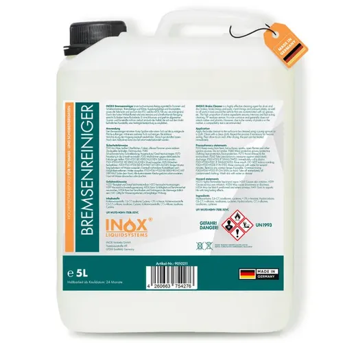 INOX Bremsreiniger Kanister 5 L - Bremsenreiniger ohne ozonschädigende Substanzen, entfernt hartnäckige Schmierstoffe und hinterlässt keine Rückstände, ideal für Trommel- und Scheibenbremsen.