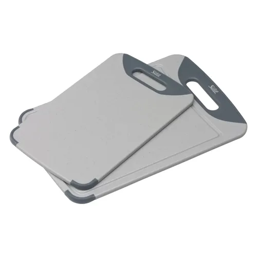 Silit Schneidebrett Kunststoff Set 2-teilig - Hackbretter Set mit 2 Größen (38 x 25 cm, 32 x 20 cm) und praktischem Aufhängegriff. Klingenschonend und beidseitig nutzbar, ideal für Fleisch und Gemüse. Spülmaschinenfest für einfache Reinigung.