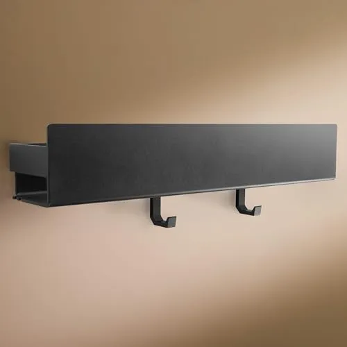 Designfabrik Hamburg Duschablage Schwarz 42 cm - Badezimmer Organizer ohne Bohren - Moderne Duschablage ohne Bohren mit einfachem Klebe-System. Ideal für das Bad, rostfrei und hochwertig pulverbeschichtet. Praktische Ablaufschlitze und verschiebbare Haken für zusätzlichen Komfort.