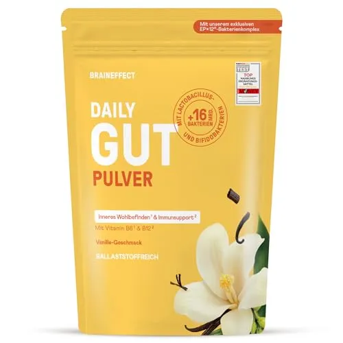 BRAINEFFECT DAILY GUT – Probiotisches Getränkepulver mit 16 Mrd. lebenden Bakterien & 7 g Ballaststoffen pro Portion, mit Vitamin B1, B2, B6 & B12, Vanille-Geschmack – 240 g