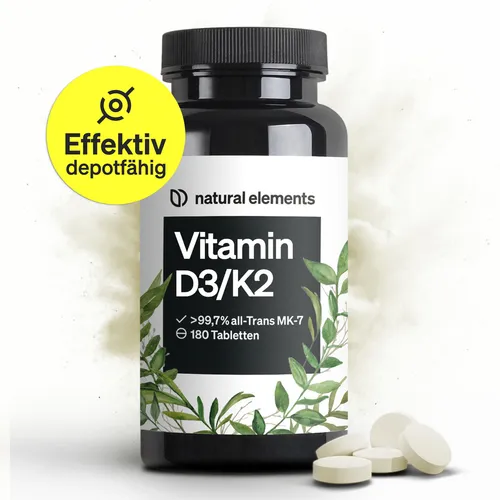 Vitamin D3 + K2 Depot – 180 Tabletten – Hochdosierte Premium-Qualität - Nahrungsergänzungsmittel mit 5000 IE Vitamin D3 und 99,7% K2-MK7 für starke Knochen und Immunsystem – in Deutschland produziert und laborgeprüft.