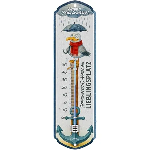 LANOLU retro Schietwetter Thermometer außen analog, maritimes Küsten Wetter Thermometer für Garten Balkon Terrasse, Deko Vintage Wandthermometer, 8x28 cm