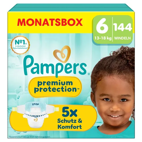 Pampers Baby Windeln Größe 6 - Premium Protection, 144 Stück für 13kg-18kg, doppelter Schutz für optimalen Hautkomfort und Auslaufschutz