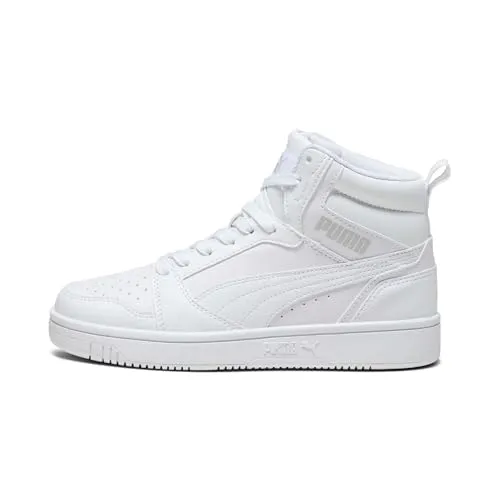 Puma Rebound V6 Mid Jr White-Cool Light Gray Größe EU 37 - Sneaker für Kinder mit hohem Komfort und Dämpfung dank SOFTFOAM+. Retro-inspirierter Basketball-Look, ideal für aktive Kids und urbanen Style.
