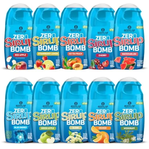 Bodylab24 ZERO Sirup BOMB Mixed Box, 10 x 65ml - Zuckerfrei & Kalorienarm - Genießen Sie die Vielfalt der ZERO Sirup BOMB Mixed Box! 10 köstliche Sorten, zuckerfrei und hochkonzentriert für 8 l Erfrischung. Ideal für unterwegs, einfach mit Wasser mischen und genießen!