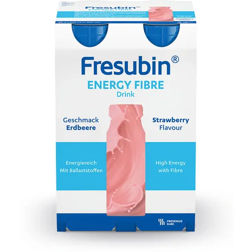 Fresubin Energy Fibre Erdbeere 24x200ml - Nahrungsergänzungsmittel für Erwachsene, hochkalorisch und eiweißreich mit 11,2g Eiweiß pro Flasche, ideal zur Unterstützung bei erhöhtem Energiebedarf.
