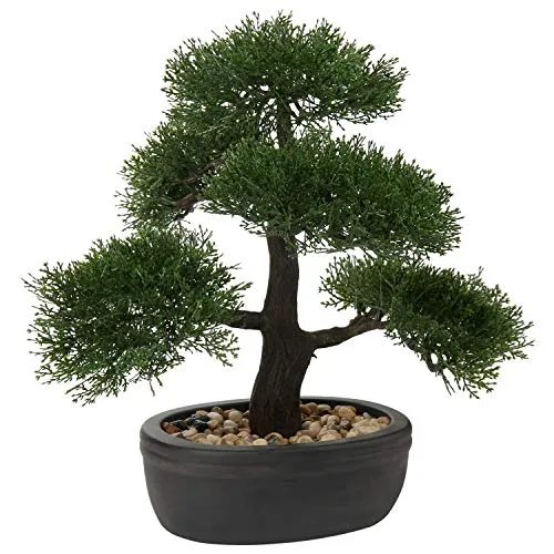 Briful Kunstbonsai Naturgetreue Künstliche Pflanze Kunstbaum Bonsai Zeder Kiefer Podocarpus Plastik Pflanze Kunstpflanze mit Keramik-Übertopf in Schwarz für Baddeko Desktop Büro Fensterbank