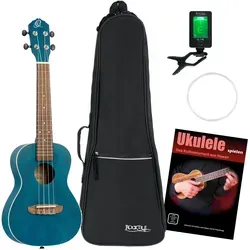 Ortega RUOCEAN Konzert Ukulele Blue Satin Set - Sonstige Zupfinstrumente, mit hochwertiger Okume-Decke und Mahagoni-Hals, inklusive Gigbag, Clip-Tuner und Ukulelenschule – ideal für Einsteiger und Musikliebhaber!
