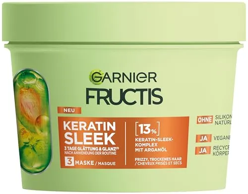 Garnier Fructis Keratin Sleek Haarmaske, Keratin-Sleek Komplex mit Arganöl, für intensive Glättung & langanhaltender Glanz, Sleek-Look, feuchtigkeitsspendend, für trockenes Haar, Anti-Frizz, 1x340ml