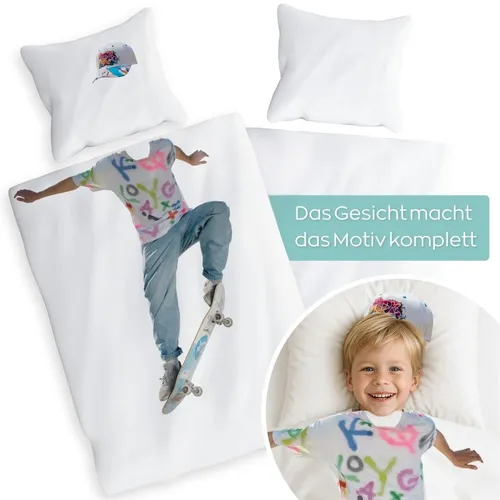 Carpe Sonno Kinderbettwäsche – Interaktive Baumwollbettwäsche für kreative Kinder - Bettwäsche 135x200 cm, Oeko-Tex® zertifiziert, mit persönlichem Design-Highlight: Das Gesicht des Kindes vervollständigt das Muster. Pflegeleicht und waschbar bis 60°C.
