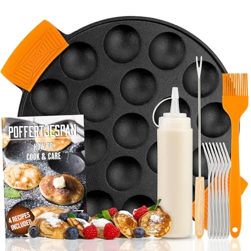 IRONO Poffertjes Pfanne - Mini Pfannkuchen Maker mit Zubehör - Crepe-Pfannen für alle Wärmequellen, inklusive Teigflasche und 6 Gabeln. Bereiten Sie 19 köstliche Mini-Pfannkuchen auf einmal zu!
