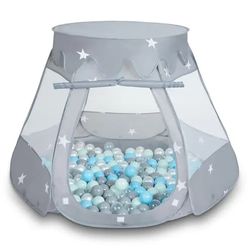 Selonis Baby Spielzelt Mit Plastikbällen Zelt 105X90cm/200 Bälle Plastikkugel Kinder, Grau:Perle-Grau-Transparent-Babyblau-Mint