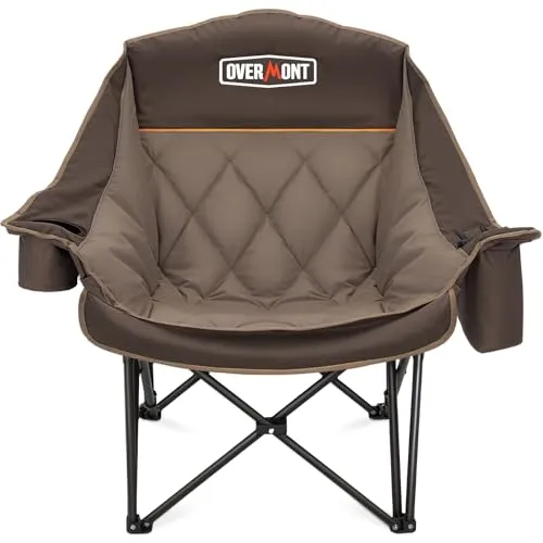 OVERMONT Übergroßer Klappbar Campingstuhl Campingsofa - bis 204KG Belastbar - Faltbar Campingsessel Gepolstert mit Getränkehalter Kühltasche hoher Rückenlehne für Outdoor Indoor Camping Garten Khaki