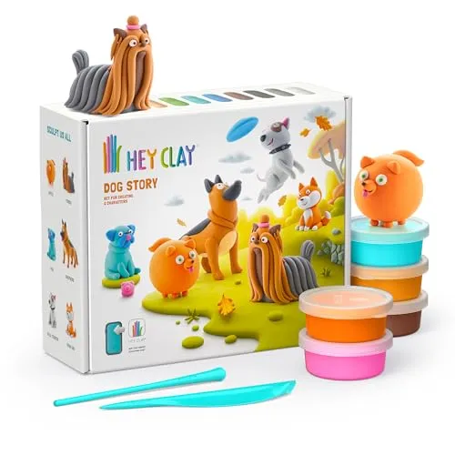 Hey Clay Dog Story 15 Dosen – Bunte lufttrocknende Modelliermasse für Kinder – Air Dry Clay Kit 15 Dosen mit lustiger interaktiver App