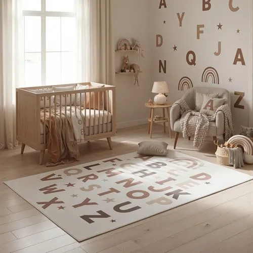 SIMPEX Kinderteppich Alphabet Lernteppich für Kinderzimmer in Creme mit Buchstaben Motiv Größe 80x150 cm kleine Lern und Spielecken detailreiches Motiv für fantasievolles Spielen