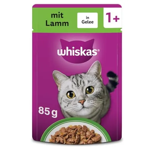 Whiskas 1+ Katzenfutter Lamm in Gelee, 28x85g – Hochwertiges Nassfutter für Katzen - Beutelfutter für Katzen, enthält 100 % hochwertige Zutaten und unterstützt starke Muskeln sowie eine gesunde Haut und Fell.