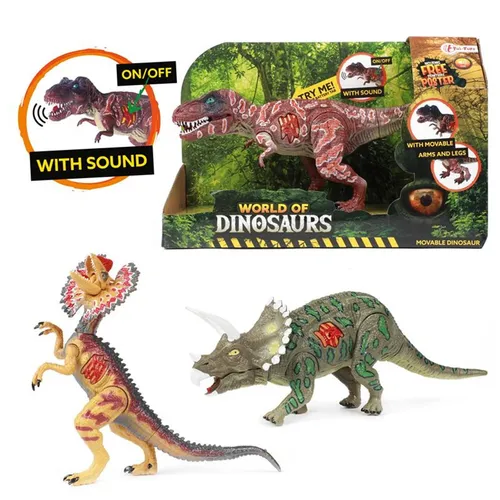 World of Dinosaurs Dilophosaurus mit Sound - Bewege deinen Dilophosaurus und lass ihn gefährlich brüllen! Drücke den Knopf, um sein Geräusch zu hören. Ideal für kreatives Spielen und Spaß. Enthält QR-Code für ein tolles Malblatt und Poster!